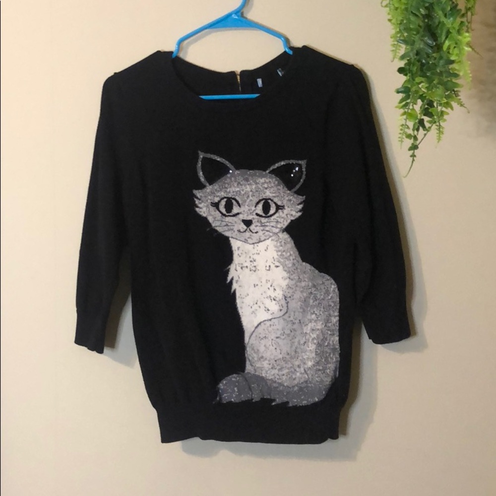 Cynthia Rowley Black Cat Sequins Cotton Sweater